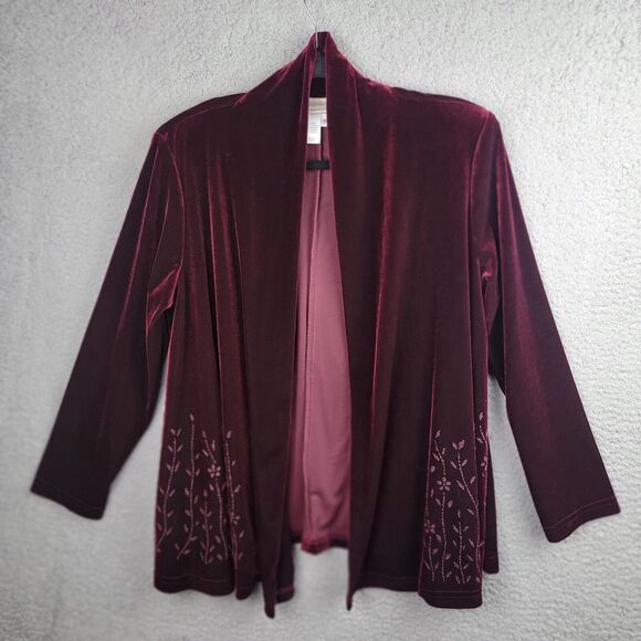 Coldwater Creek Velvet Embroidered Open Front Jacket Sweater Burgundy PM Stretch - Picture 11 of 15